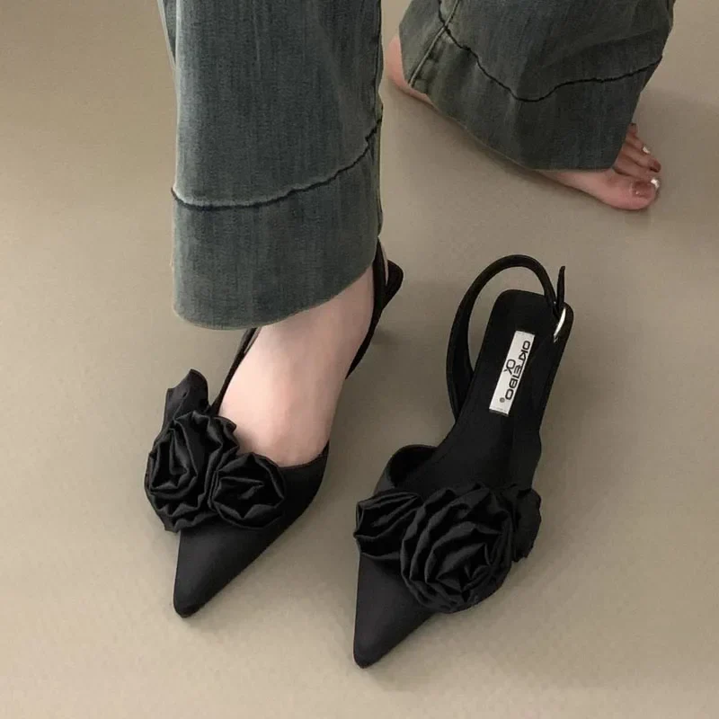 Satin Floral Slingback Stilettos - Pointed Toe Party Heels